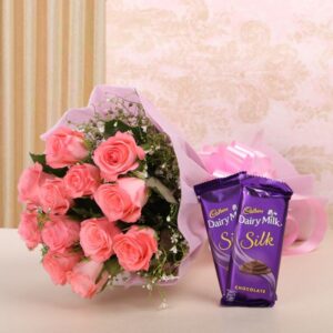 10 pink rose bouquet and chocolate