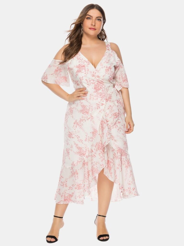 Plus Size Sexy Cold Shoulder Ruffle Trim Dress