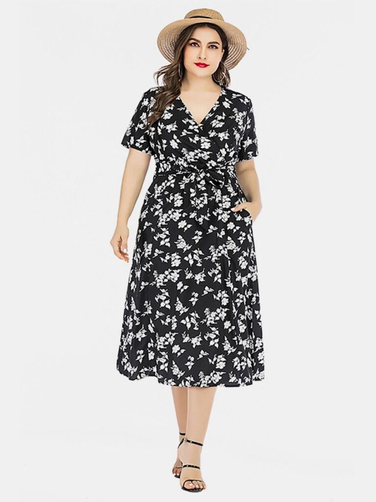 Plus Size Flower Print Tie Waist Dresses