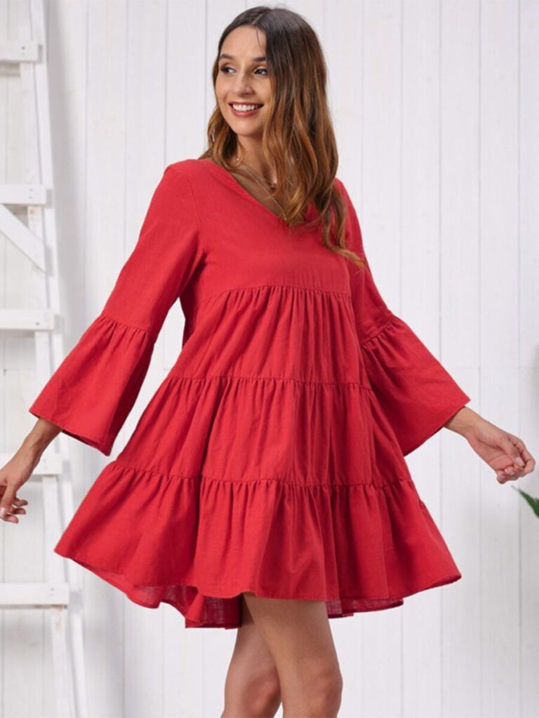  Solid Color Flutter Sleeve Loose Dress