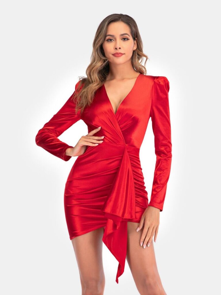 Sexy V-collar Plain Shirred Party Dress