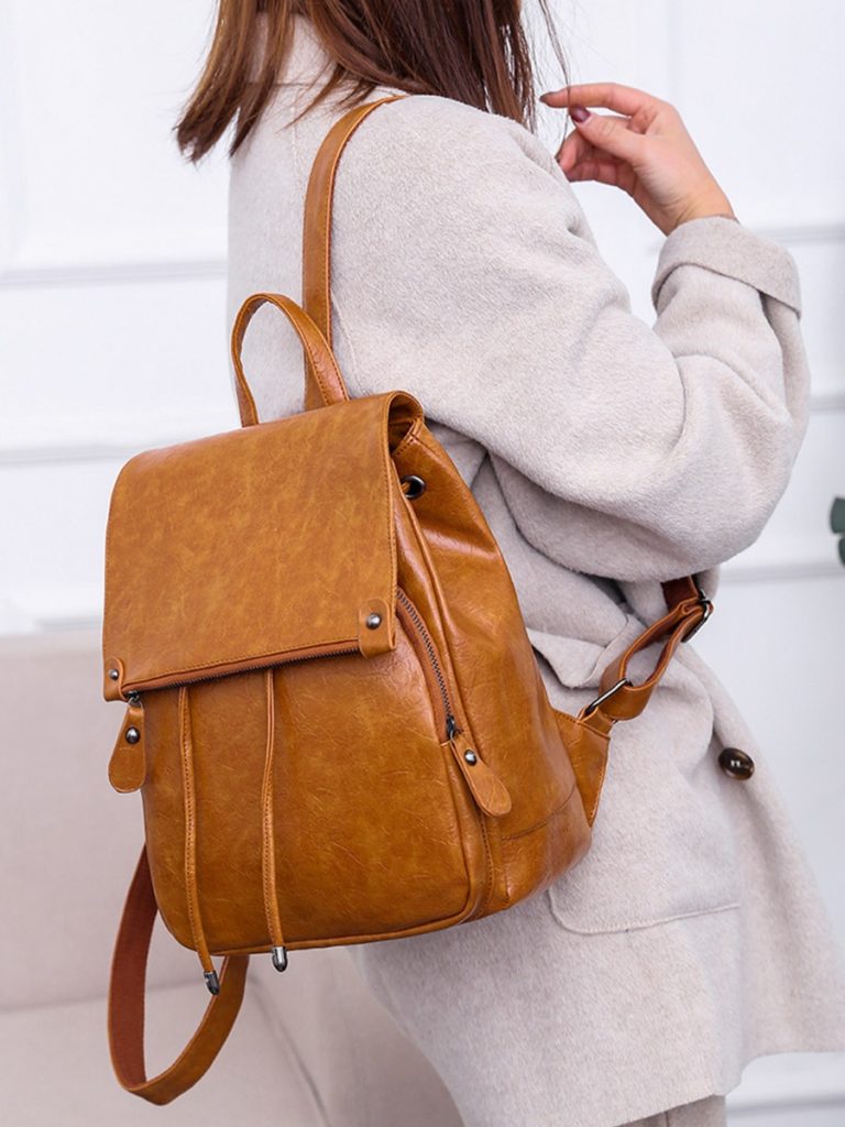 Drawstring Buckle Faux Leather Backpack