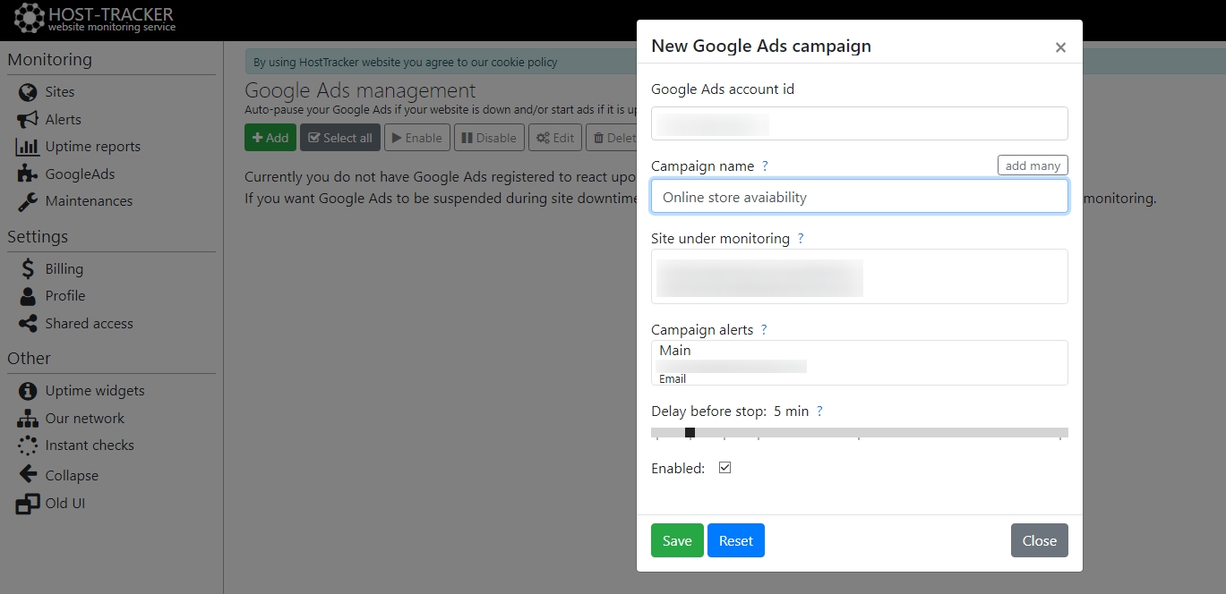 Google Ads monitoring via HostTracker