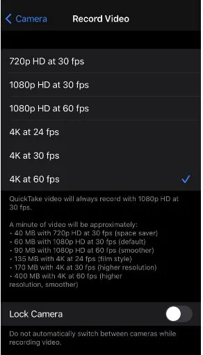 Change the iPhone's 4K video settings to 4K