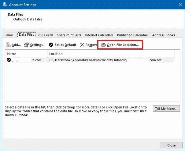 Outlook default location